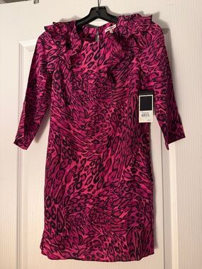 Juicy Couture Pink and Black Animal-Print Ruffle Long-Sleeve Dress.